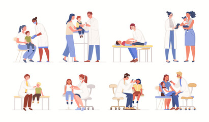Patients on reception at doctors of narrow specialization and pediatrician. Diagnosis of children's health. In physician's office for medical examination. Vector characters flat cartoon illustrations. - obrazy, fototapety, plakaty