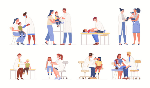 Patients on reception at doctors of narrow specialization and pediatrician. Diagnosis of children's health. In physician's office for medical examination. Vector characters flat cartoon illustrations.