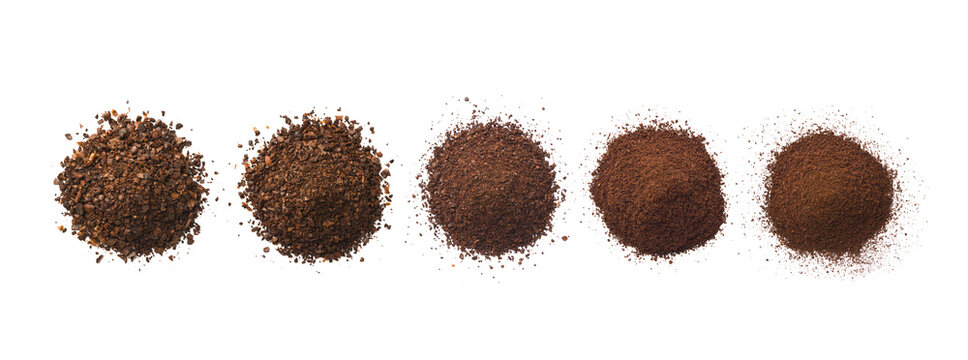 Flat lay of Different types of grinds coffee isolated on white background.