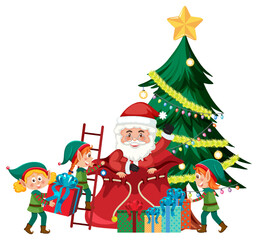Children in elf costume and Santa Claus decorating Christmas tree