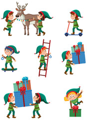 Christmas elves cartoon characters set