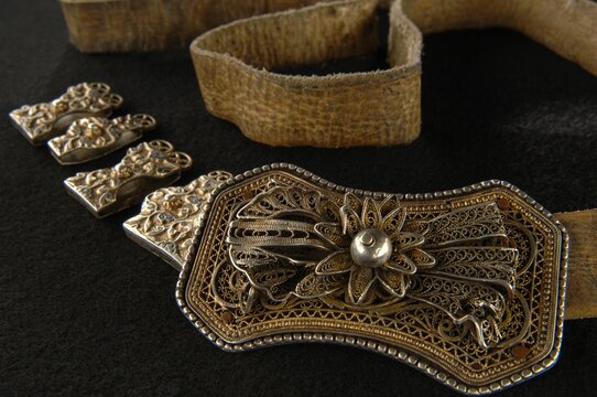 Antique, Silver Belt Isolated On A Black Background, Central Asia, Uzbekistan