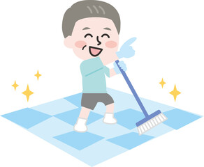 掃除をする浴室清掃員のイラスト