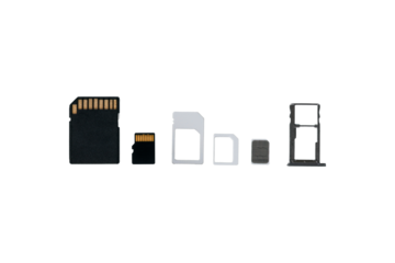Adapters for a sim card from a larger one to a nano-sim and sd card with an adapter, isolate, transparent background