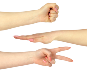 Closeup of hands making: Rock, paper, scissors, all combinations, isolate, transparent background