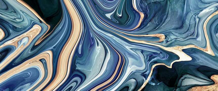abstract marble fluid art painting with alcohol ink,  liquid design illustration with golden veins, wallpaper deep blue colormix background, modern wall art interior decoration	
