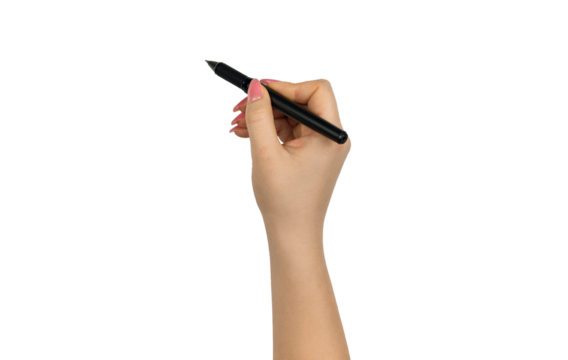 female hand with a black handle as a pointer, isolate
