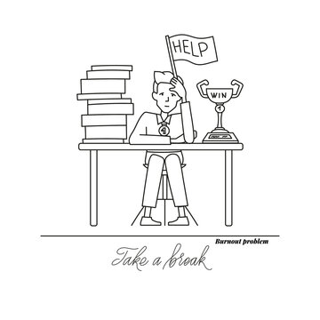Professional burnout employee in office doodle style.