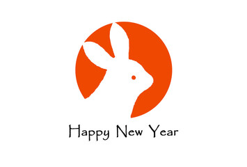 白背景に日の丸と白うさぎのシンプルな年賀状テンプレート