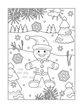 Winter holidays joy themed coloring page with happy cheerful gingerbread man walking outdoor
