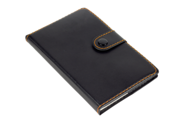 black notebook, black notepad with clasp isolate,  transparent background