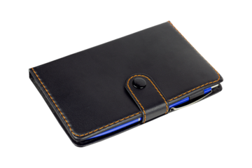 black notebook, black notepad with clasp isolate,  transparent background