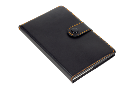 black notebook, black notepad with clasp isolate,  transparent background