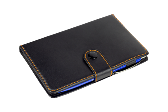 black notebook, black notepad with clasp isolate,  transparent background