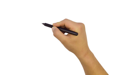 male hand with a black handle as a pointer, isolate