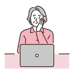 Senior woman looking at laptop computer with troubled or distressed expression [Vector illustration].