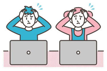 Boy and girl looking at laptop computer with troubled or distressed expression [Vector illustration].