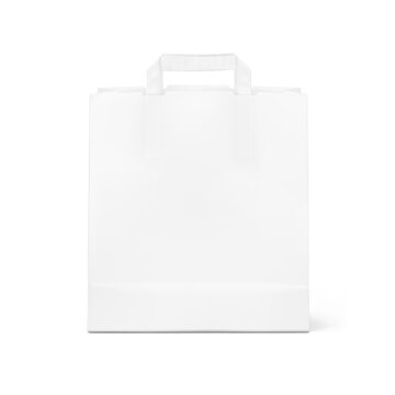 White paper bag with flat handles mockup. Vector illustration isolated on white background. Ready for your design. Suite for the presentation of foods, fillers, grocery bag, etc. EPS10.