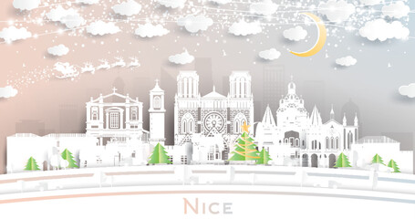 Nice France City Skyline in Paper Cut Style with Snowflakes, Moon and Neon Garland.