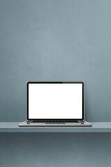 Laptop computer on grey shelf. Vertical background