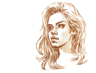 portrait of a woman coffee painting for card illustration background