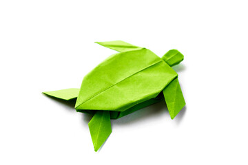 Green paper turtle origami isolated on a white background