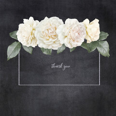 Floral card with copy space. White roses dark textured grange background. Bouquet of garden flowers.