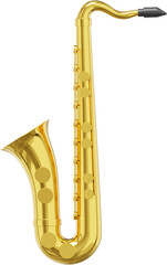 Fototapeta na wymiar Saxophone gold metal, musical instrument. 3d rendering. PNG icon on transparent background.