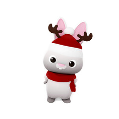3d illustration cute grey happy new year rabbit. Animal cartoon characters isolated on white background wearing red christmas hat with elk antler and scarf. 3D render