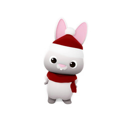 3d illustration cute grey happy new year rabbit. Animal cartoon characters isolated on white background wearing red christmas hat and scarf. 3D render