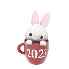 3d illustration cute white happy new year rabbit with red cup 2023 decorations. Animal cartoon characters isolated on white background. 3D render