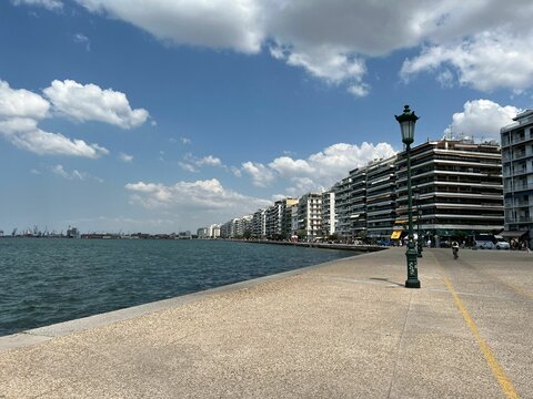 Thessaloniki Coastal Cityscape View With The Modern Apartment Buildings Near The Beach, Greece