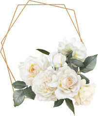 Floral polygonal geometric frame on transperent background. Bouquets of white roses. For...