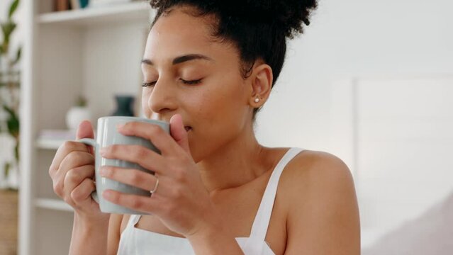 Black woman, coffee aroma and thinking of health tea for wellness, relax and happy drink in apartment freedom self care and peace. Calm girl smell morning motivation for healthy mindfulness time