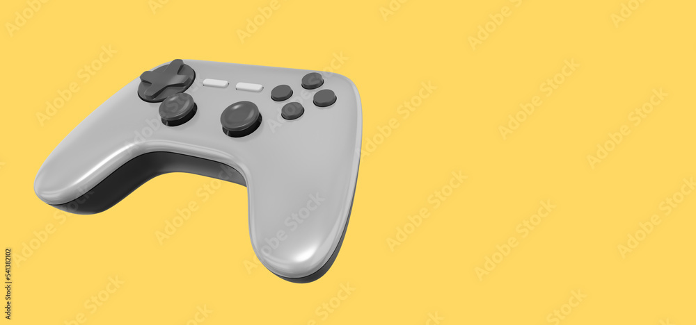 Poster realistic console game controller. gray icon on yellow background with space for text. 3d rendering.