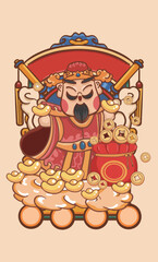 Cartoon Chinese God of Wealth Blessing Illustration Poster

