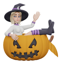 3d rendering. A witch sitting on pumpkin