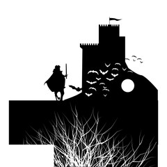 Medieval castle silhouette, Knight on horseback holding a sword, dry branches and flying bats under the moon. Black ink on white background.