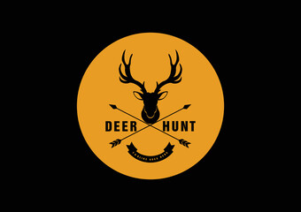 Deer Hunter Logo Design Template. Vector Illustration Of Deer Head Silhouette On Circle, Night Moon Concept. Hunter Club, Deer Hunting, Animal Wildlife Symbol Icon