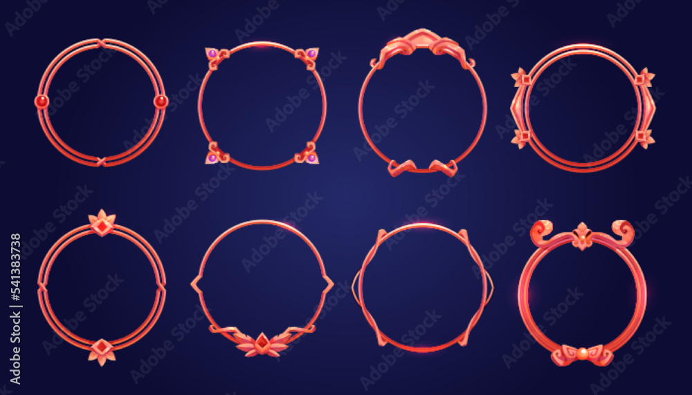 Poster empty circle bronze or copper frames in medieval style for game ui design. vector cartoon set of use