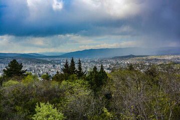 City Of Tbilisi, Georgia. April 28, 2019. Tbilisi cityscape from hilltop of Mtatsminda mountain.