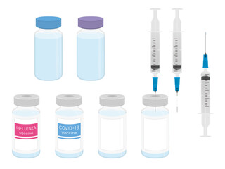 ワクチン・瓶・注射器　ワクチン接種・予防接種　ベクターイラスト素材のセット