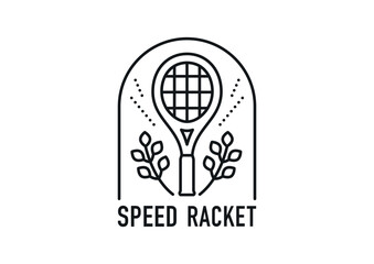 Tennis club logo. There is a tennis racquet in the center and the branches are decorated. Black and white simple line illustration.