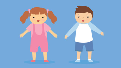 Boy in raglan and shorts, girl in overalls and t-shirt