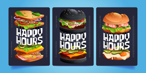 Cartoon set of happy hours promo flyer templates for fast food restaurant. Vector illustration of tasty sandwich and appetizing burgers on dark blue background. Marketing banner for sales improvement