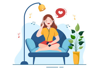 Naklejka premium MP3 Player with Headphones, Headset and Phone of Music Listening Devices in Mobile App on Flat Cartoon Hand Drawn Templates Illustration