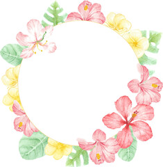 watercolor red summer tropical flower hibiscus and plumeria wreath frame