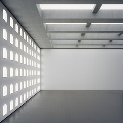 Abstract interior design 3D rendering of modern showroom. Empty floor with white concrete wall background.