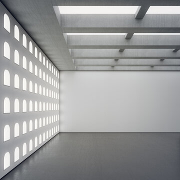 Abstract interior design 3D rendering of modern showroom. Empty floor with white concrete wall background.