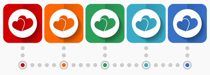 Two hearts, valentines day vector icons, infographic template, set of flat design symbols in 5 color options